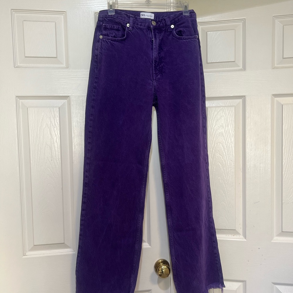 Zara Women size 6 Purple High Rise Straight Leg Jeans Raw Hem and Pockets - Picture 2 of 11